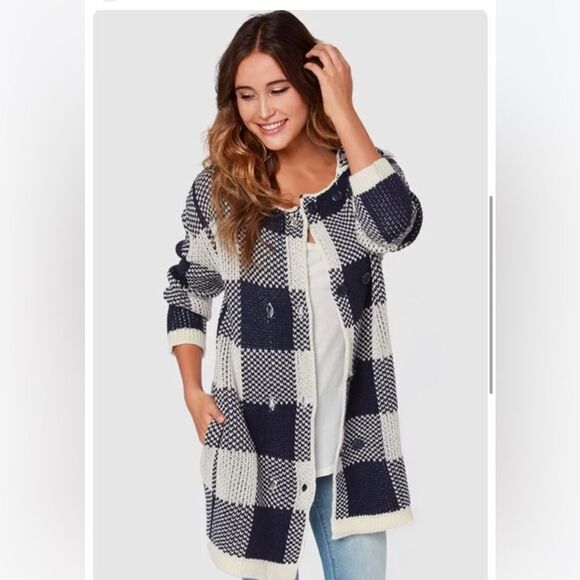 JOA Los Angeles Plaid Wool Blend Cardigan Sweater Ladies Navy Ivory Size Medium - Picture 2 of 12